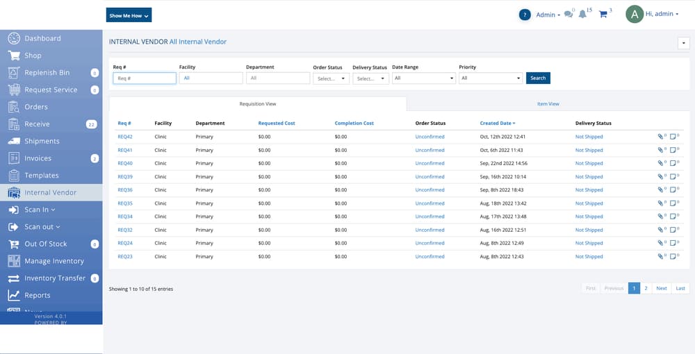 Warehouse distribution module — central supply dashboard